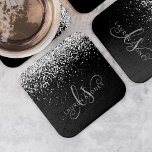 Glam Black Silver Glitter Monogram Name Square Paper Coaster<br><div class="desc">Glam Black Silver Glitter Elegant Monogram Paper Coaster. Easily personalize this trendy chic paper coaster design featuring elegant silver sparkling glitter on a black background. The design features your handwritten script monogram with pretty swirls and your name.</div>