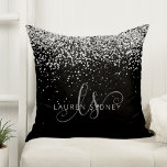 Glam Black Silver Glitter Monogram Name Throw Pillow<br><div class="desc">Glam Black Silver Glitter Elegant Monogram Throw Pillow. Easily personalize this trendy chic throw pillow design featuring elegant silver sparkling glitter on a black background. The design features your handwritten script monogram with pretty swirls and your name.</div>
