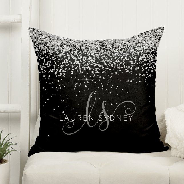 Glam Black Silver Glitter Monogram Name Throw Pillow (Add some sparkle to your sofa with this glam glitter pillow. Customize it with your monogram & name.)