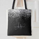 Glam Black Silver Glitter Monogram Name Tote Bag<br><div class="desc">Glam Black Silver Glitter Elegant Monogram Tote Bag. Easily personalize this trendy chic tote bag design featuring elegant silver sparkling glitter on a black background. The design features your handwritten script monogram with pretty swirls and your name.</div>