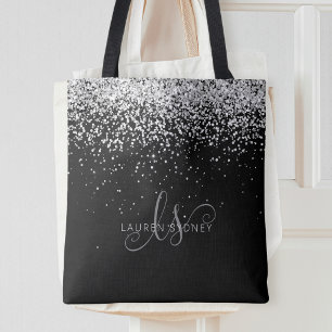 Glam Black Silver Glitter Monogram Name Tote Bag