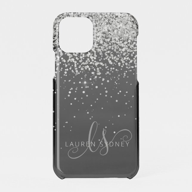 Glam Black Silver Glitter Monogram Name Uncommon iPhone Case (Back)