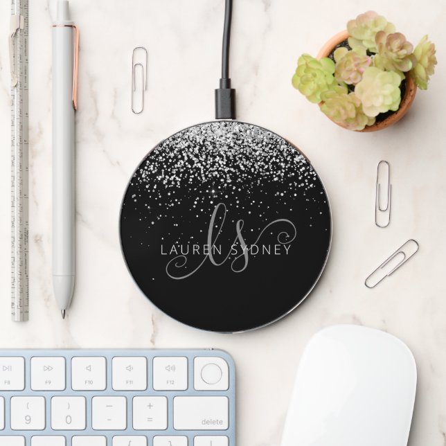 Glam Black Silver Glitter Monogram Name Wireless Charger (Desk)