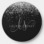 Glam Black Silver Glitter Monogram Name Wireless Charger (Front)