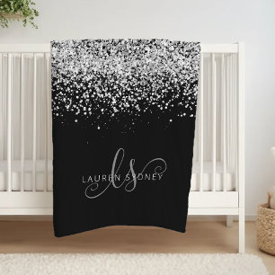 Glam Black Silver Glitter Monogram Namev Fleece Blanket