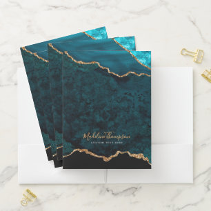 Glam Black Teal Agate Geode Gold Script Typography Pocket Folder