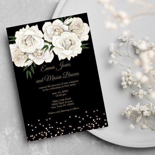 Glam black white gold glitter roses floral Wedding Invitation