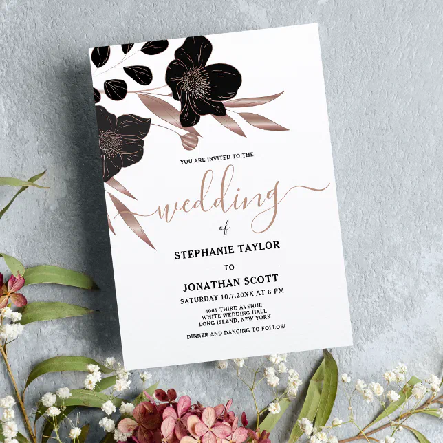 Glam black white rose gold floral elegant wedding invitation Zazzle