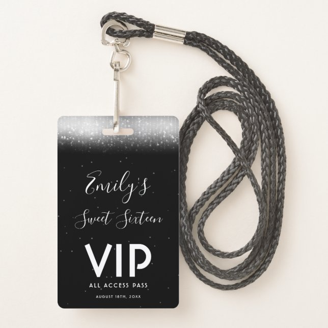 Glam Black White Sweet 16 Invitation VIP Pass Badge (Front with Lanyard)
