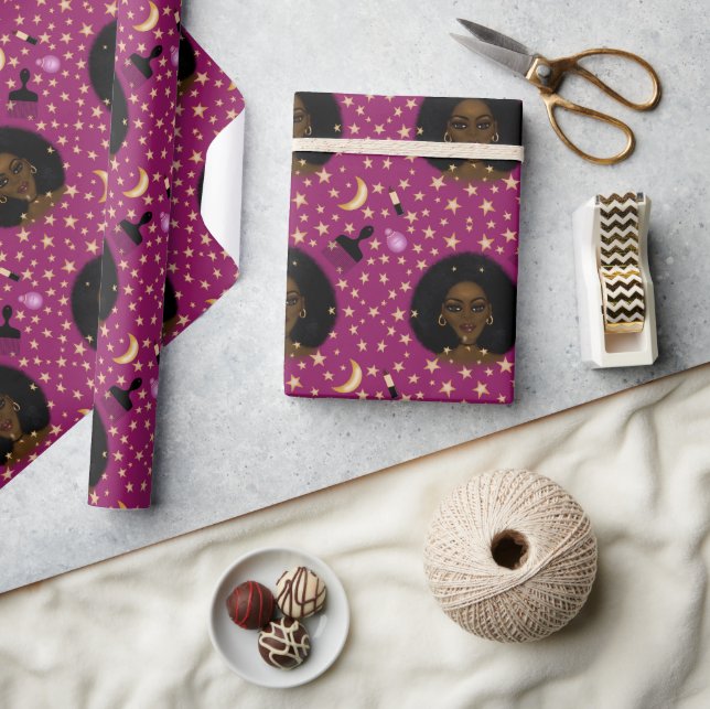 Glam Black Woman Afro Hair pic lipstick pink moon Wrapping Paper (Crafts)