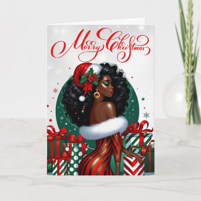 Glam Black Woman Festive Stylish Christmas Card (Front)