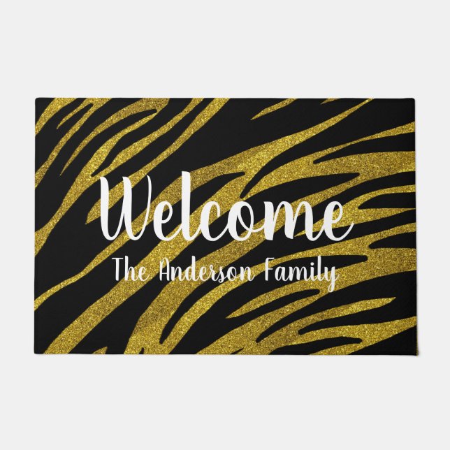 Glam Black Zebra Stripes & Faux Gold Glitter Doormat (Front)