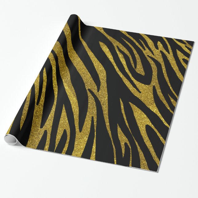 Glam Black Zebra Stripes & Faux Gold Glitter Wrapping Paper (Unrolled)