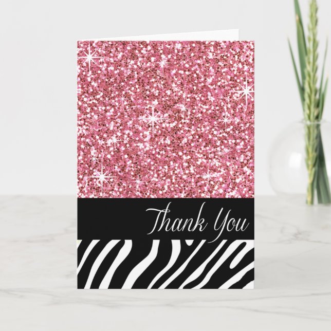 Glam Bling Glitter Zebra Thank You | pink Card (Front)