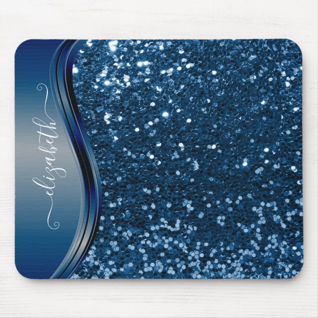 Glam Bling Personalized Glitter Calligraphy Blue  Mouse Pad (Front)