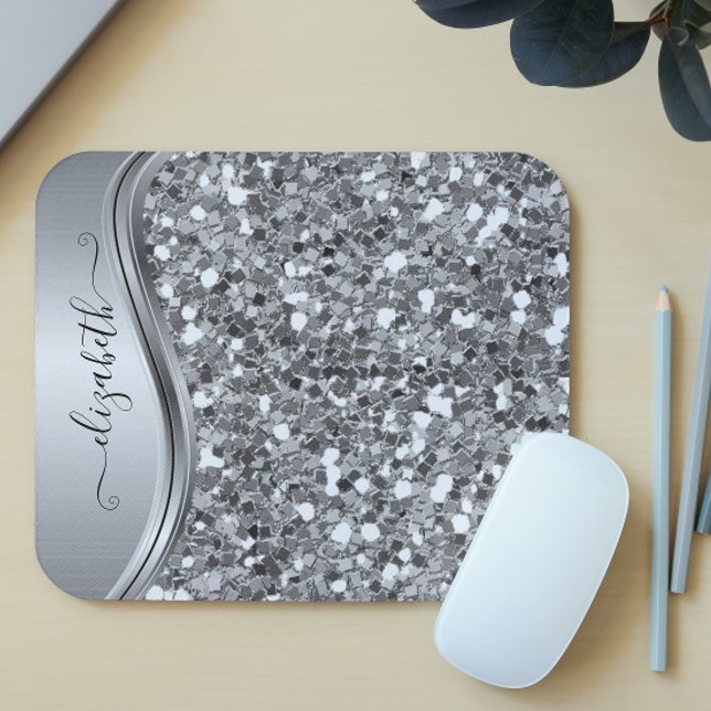 Glam Bling Personalized Glitter Calligraphy Silver Mouse Pad (Creator Uploaded)