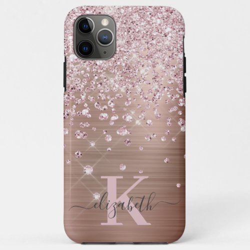 Glam Bling Rose Gold Diamond Confetti Monogrammed iPhone 11 Pro Max Case