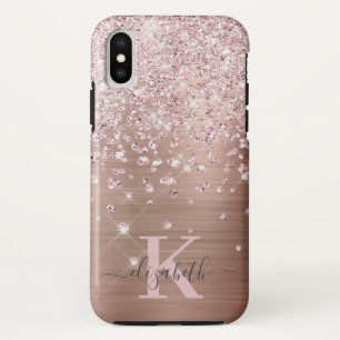Glam Bling Rose Gold Diamond Confetti Monogrammed iPhone XS Case