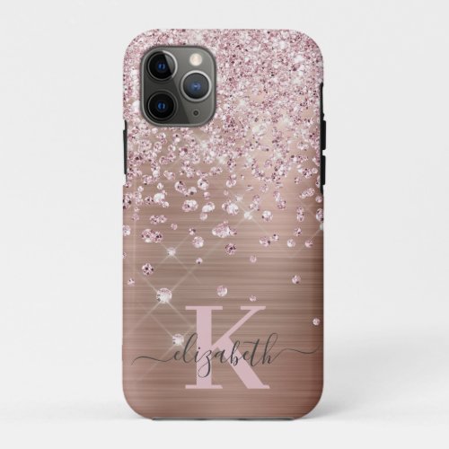 Glam Bling Rose Gold Diamond Confetti Monogrammed iPhone 11 Pro Case