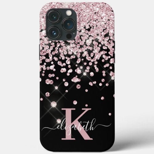 Glam Bling Rose Gold Diamond Confetti Monogrammed  iPhone 13 Pro Max Case