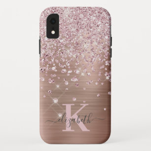 Glam Bling Rose Gold Diamond Confetti Monogrammed iPhone XR Case
