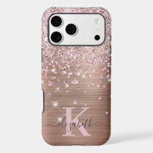 Glam Bling Rose Gold Diamond Confetti Monogrammed iPhone 17 Pro Max Case