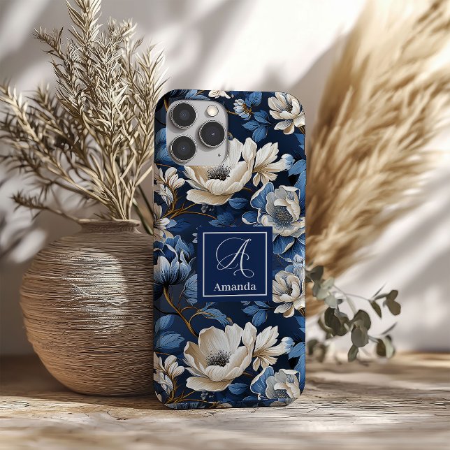 Glam Blue and Ivory Flowers Designer iPhone Case (Glam Blue and Ivory Flowers Designer iPhone Case)