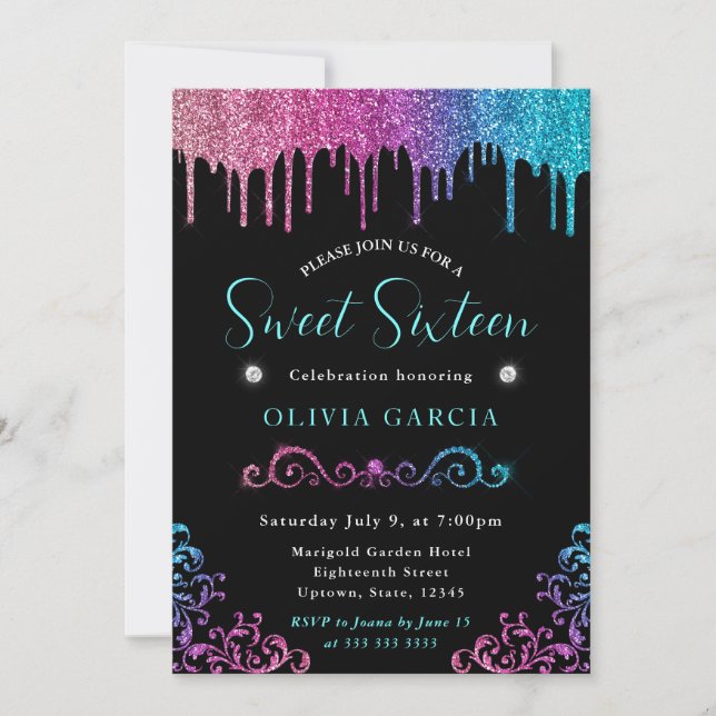 Glam Blue and Pink Gradient Glitter Sweet 16 Invitation (Front)