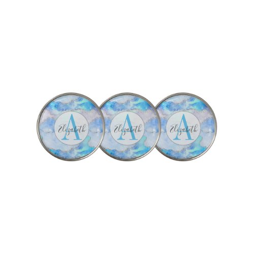 Glam Blue and Silver Agate Monogrammed Golf Ball Marker