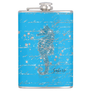 Glam Blue and Silver Glitter Seahorse Flask