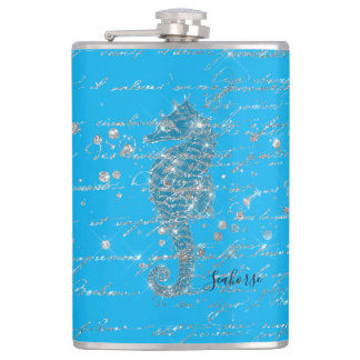 Glam Blue and Silver Glitter Seahorse Flask