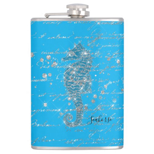 Glam Blue and Silver Glitter Seahorse Flask