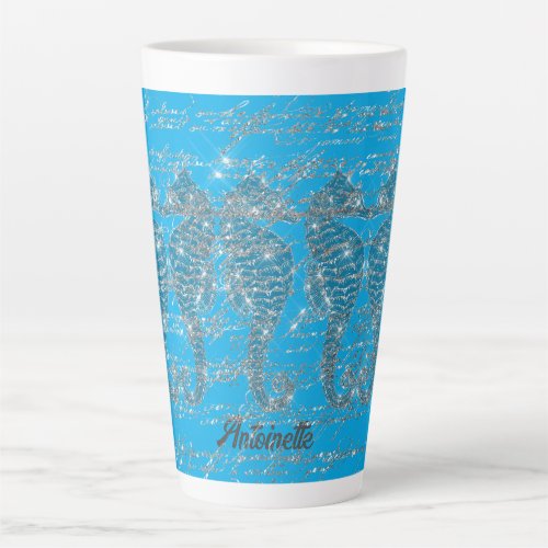 Glam Blue and Silver Glitter Seahorse  Latte Mug