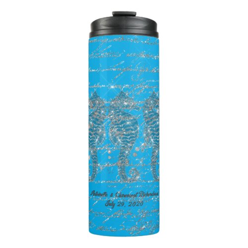 Glam Blue and Silver Glitter Seahorse  Thermal Tumbler