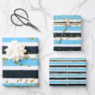 Glam Blue Black Gold Glitter Stripe Sparkle Wrapping Paper Sheets