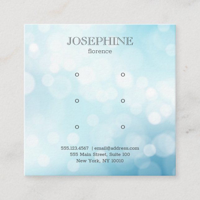 Glam Blue Bokeh Jewelry 3 Stud Earring Display Square Business Card (Front)