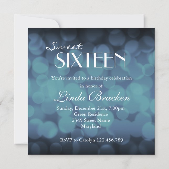 Glam Blue Bokeh Lights Sweet Sixteen Invite (Front)