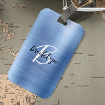 Glam Blue Brushed Metal Black White Monogram  Luggage Tag<br><div class="desc">This elegant personalized luggage tag feature a monogram and first name in modern black and white script on a glam blue faux brushed metal background.</div>