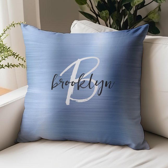 Glam Blue Brushed Metal Black White Monogram  Throw Pillow (Creator Uploaded)