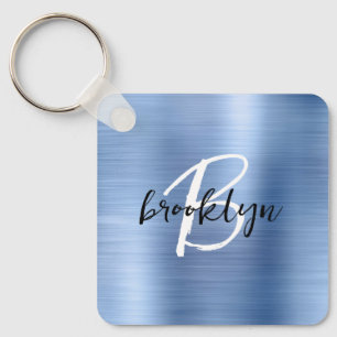 Glam Blue Brushed Metal Monogram Keychain