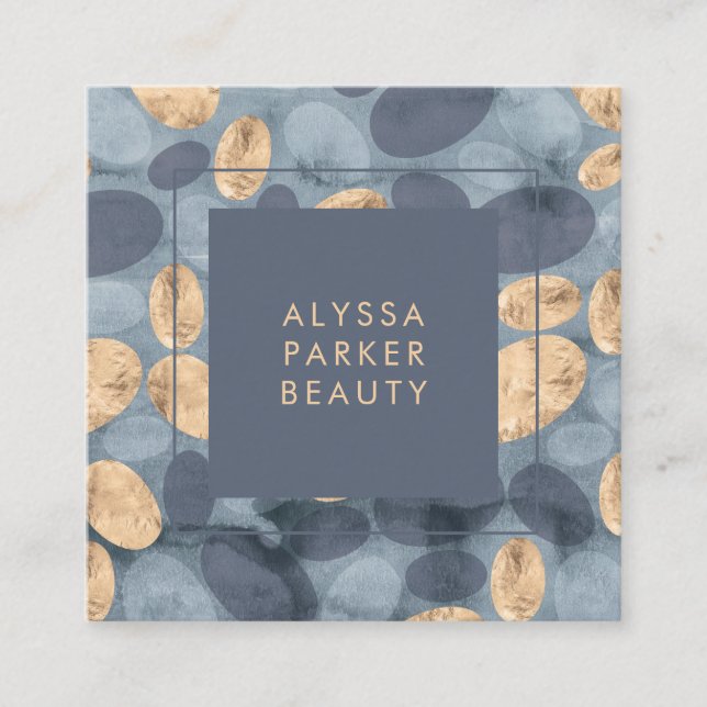 Glam Blue Dots with Gold Square Business Card (Front)