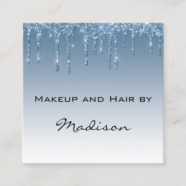 Glam Blue Dripping Glitter Drips Makeup Artist Square Business Card (Front)