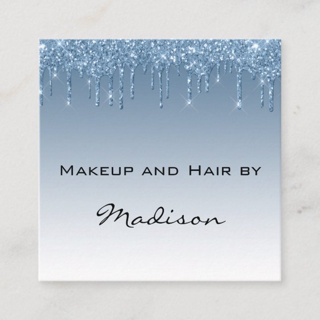 Glam Blue Dripping Glitter Drips Makeup Artist Square Business Card (Front)