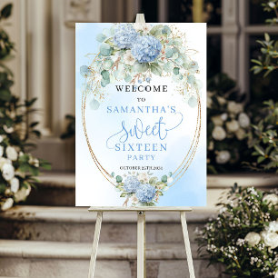 Glam Blue Floral Sweet 16 Gold Welcome Foam Board