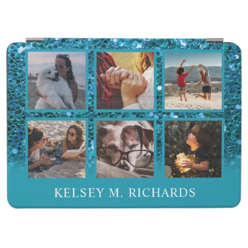 Glam Blue Glitter 6 Photo Collage with Name iPad Air Cover