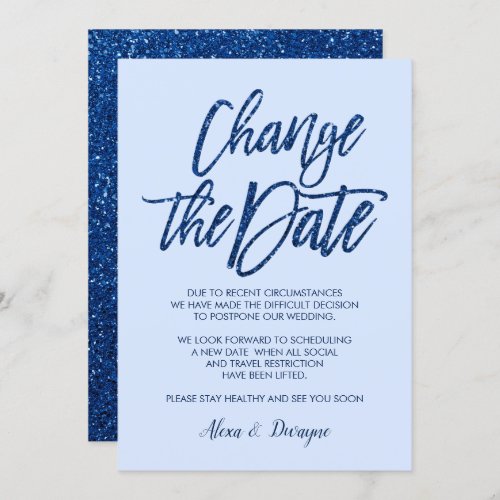 Glam Blue Glitter Cancelled Postponed Wedding Invitation