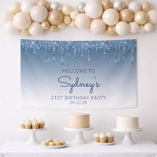 Glam Blue Glitter Drip 21st Birthday Party Banner