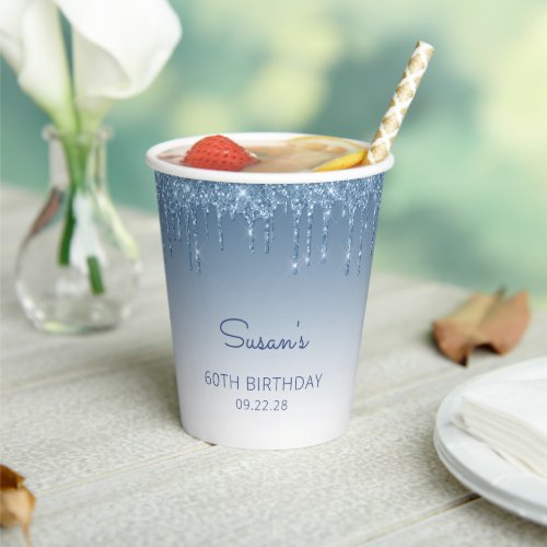 Glam Blue Glitter Drip 60th Birthday Party Paper Cups