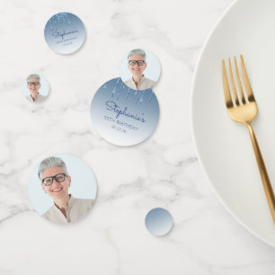 Glam Blue Glitter Drip Photo 50th Birthday Confetti