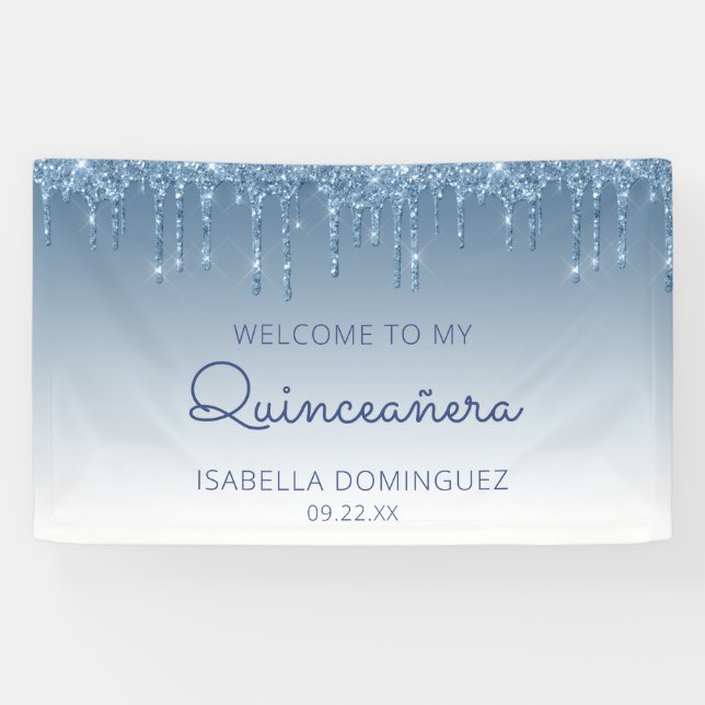 Glam Blue Glitter Drip Quinceañera Banner (Horizontal)